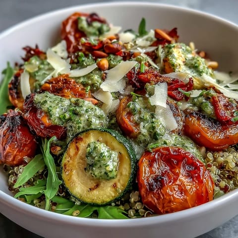 A close-up of Arugula Pesto Bowl showing vibrant roasted veggies and quinoa topped with pesto.