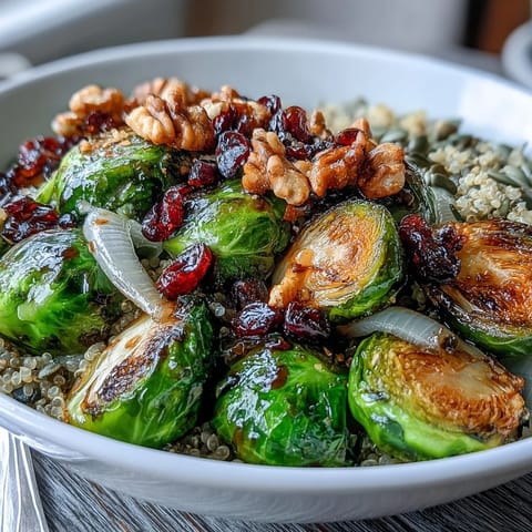 Homemade roasted Brussels sprouts bowl drizzled with tangy balsamic dressing, finished with crunchy pepitas and sweet-tart cranberries.