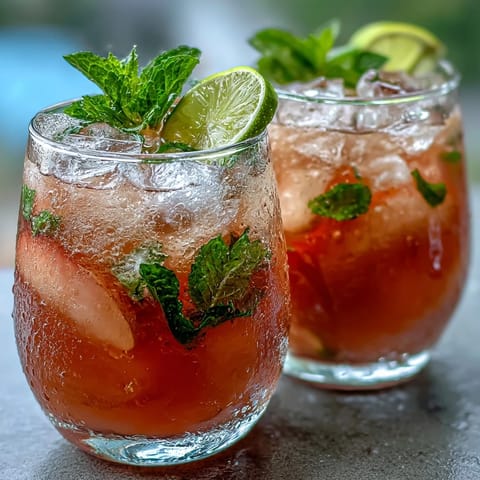 Two tall glasses of Guava Nectar Drink filled with ice and garnished with fresh mint and lime wedges.