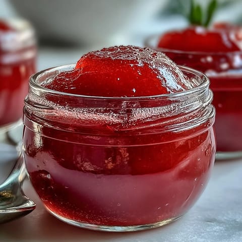 Glistening, rosy guava jelly glistens in a glass jar, ready for toast or thumbprint cookies.