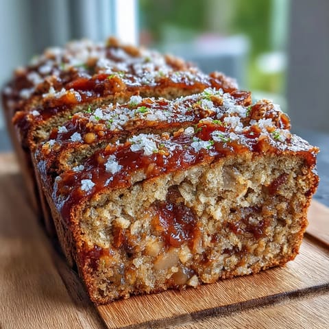 Freshly baked Vegan Cardamom Guava Banana Bread loaf showing a moist, golden-brown crumb with chopped walnuts and coarse sugar topping.