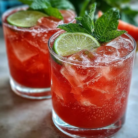 Two tall glasses of Guava Juice With Sparkling Water filled with ice cubes, lime slices, and fresh mint leaves on a sunny outdoor table.