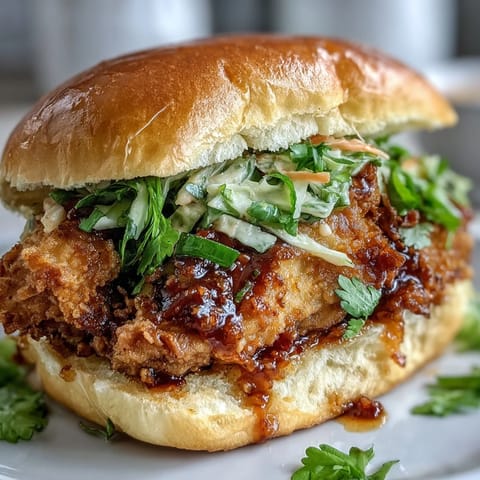 Crispy Thai Fried Chicken Sandwich stacked high with shredded cabbage and drizzled with spicy sriracha mayo.