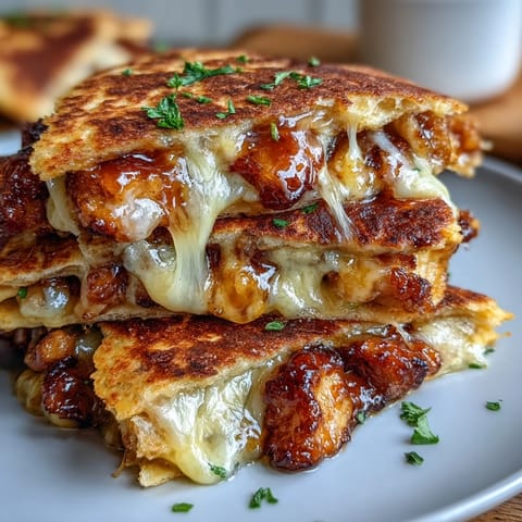 A skillet of crispy Cheesy Hot Honey Chicken Quesadillas next to a small bowl of jalapeño cream sauce and fresh cilantro.