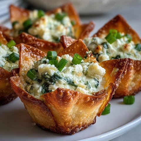 A close-up of baked Crispy Spinach Feta Wonton Cups highlights melted cheeses and fresh spinach inside golden cups.