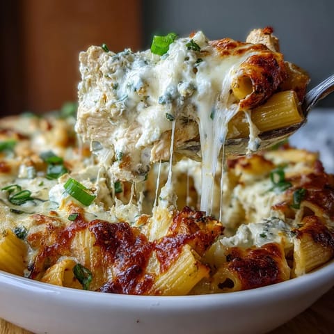 Golden, bubbly Creamy Buffalo Ranch Chicken Pasta Bake fresh from the oven, garnished with green onions.