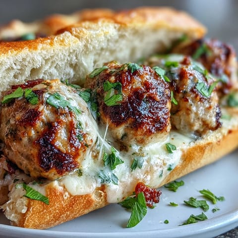 Golden-baked turkey meatballs in rich garlic-Parmesan sauce, nestled in a toasted sub roll and garnished with fresh parsley.