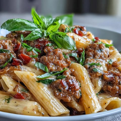 A hearty one-pot creamy red wine sausage pasta served steaming hot, garnished with fresh basil and a sprinkle of Parmesan.