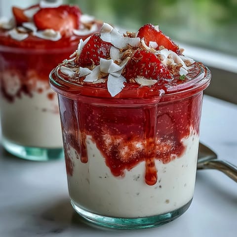 Thickened with coconut milk, this Strawberry Chia Seed Pudding showcases sliced strawberries and toasted coconut flakes for a refreshing snack.