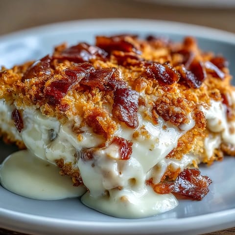 Golden, bubbly Keto Chicken Cordon Bleu Casserole fresh from the oven, featuring tender chicken, diced ham, and melted Swiss cheese in a creamy sauce.