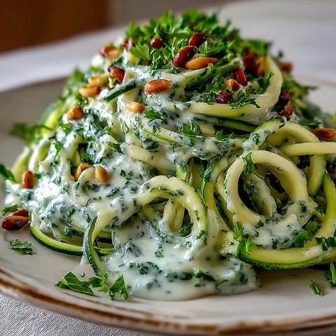 Freshly spiralized zucchini noodles are tossed in a luscious dairy-free cashew Alfredo, served warm and garnished with bright parsley.
