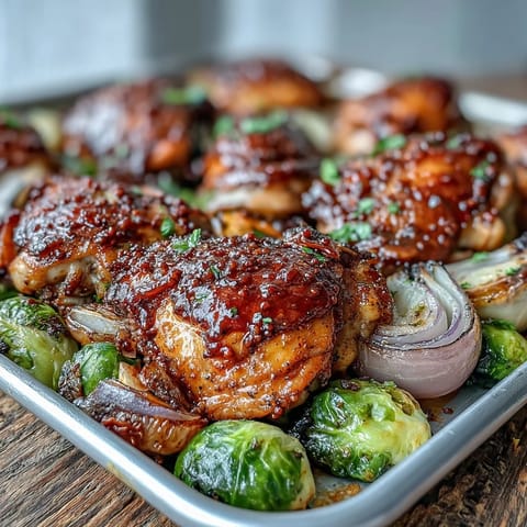 Golden-brown Sheet Pan Honey Mustard Chicken thighs with roasted Brussels sprouts and red onion wedges, glazed and steaming hot.