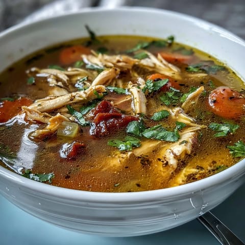 A steaming bowl of anti-inflammatory turmeric chicken soup, rich in golden spices and tender chicken for immune-boosting comfort.  