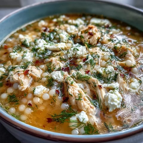Zesty Greek chicken soup with pearl couscous, fresh dill, and a bright lemon finish.  