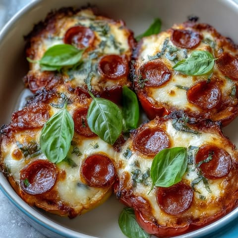 Keto Pizza Stuffed Peppers with Mozzarella and Pepperoni: golden-baked bell peppers filled with zesty marinara, gooey cheese, and savory pepperoni slices.