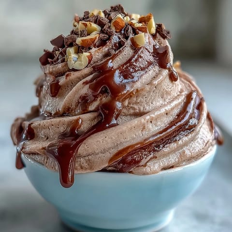 Creamy vegan chocolate banana nice cream swirled with almond butter, a healthy frozen dessert made from ripe bananas and cocoa powder.