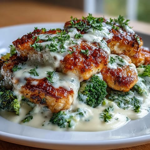 A creamy, low-carb chicken Alfredo served over steamed broccoli florets, topped with rich Parmesan sauce and fresh parsley.  