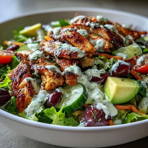 Light Chicken Shawarma Salad Bowls with Lemon Tahini Drizzle: vibrant bowl of spiced grilled chicken, fresh greens, and colorful vegetables drizzled with creamy lemon tahini sauce.