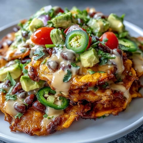 Colorful vegan sweet potato nachos loaded with black beans and creamy cashew queso, topped with fresh avocado and cherry tomatoes.  