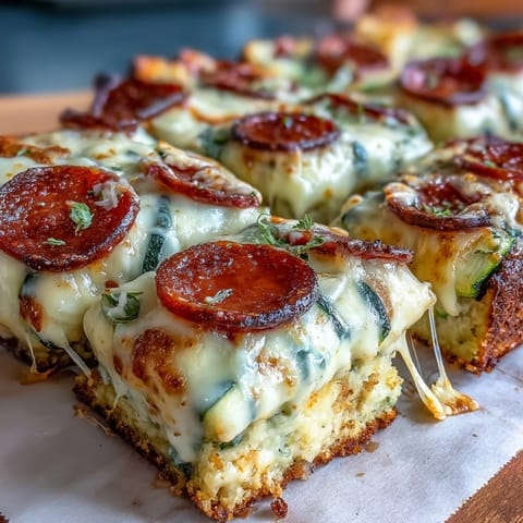 Keto Pepperoni Zucchini Pizza Boats with Mozzarella Melt: golden zucchini halves filled with rich tomato sauce, melted mozzarella, and savory pepperoni slices.