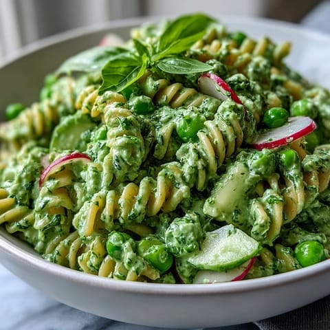 Creamy green goddess dressing coats tender pasta, fresh herbs, peas, and crunchy radishes in this refreshing vegan salad.