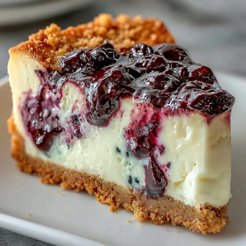 Velvety black currant cheesecake with a golden crust, elegantly swirled with vibrant purple berry compote for a stunning presentation.  