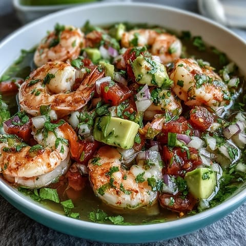 Vibrant chilli lime shrimp ceviche with fresh avocado, tomatoes, and cilantro, served chilled with lime wedges and tortilla chips.  