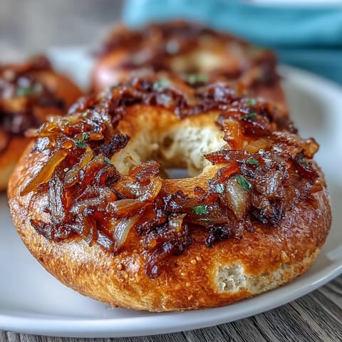 Chewy sourdough bagels topped with sweet golden sautéed onions, perfect for breakfast or hearty sandwiches.  