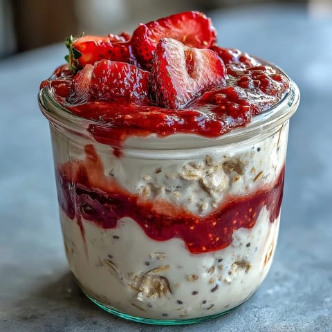 Creamy overnight oats topped with vibrant strawberry chia jam for a healthy, make-ahead breakfast.