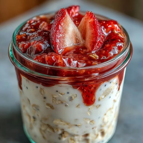 Layers of hearty oats and sweet strawberry chia jam create a nourishing, easy breakfast in a jar.