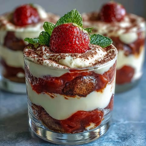 Romantic strawberry tiramisu cups featuring creamy mascarpone, juicy berries, and coffee-infused ladyfingers in elegant individual servings.
