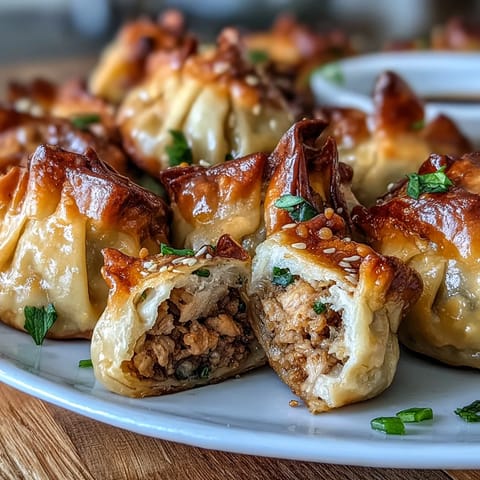Crispy air-fried pork dumplings served with spicy chili oil, perfect for an Asian-inspired appetizer or snack.  