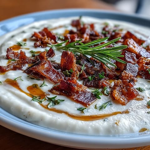 A creamy white bean soup with crispy bacon and aromatic rosemary, served steaming in a rustic bowl.