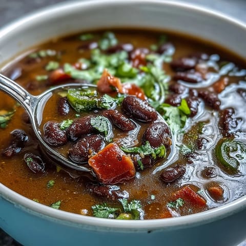 A steaming bowl of Black Bean and Ham Soup with jalapeños, topped with fresh cilantro and lime wedges for a spicy kick.  