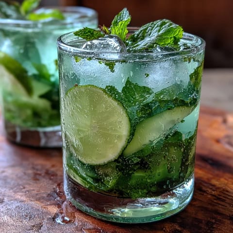 A vibrant green virgin mojito with fresh cucumber slices, lime wedges, and mint leaves, sparkling with refreshment in a tall glass.