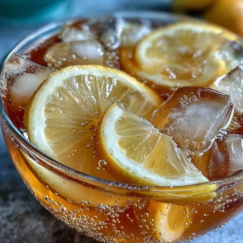 Sparkling Citrus Punch with Orange and Lemon Slices in a large glass punch bowl, garnished with fresh mint leaves and ice cubes, perfect for summer parties.