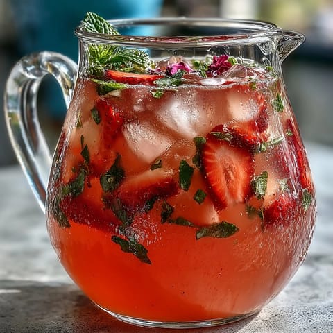 Chilled strawberry rose lemonade with lemon wheels and mint, offering a sweet-tart refreshment with a delicate rose scent.