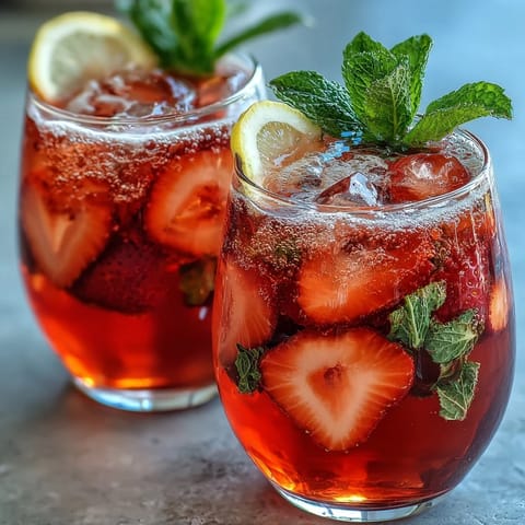A refreshing sparkling strawberry mocktail with fresh fruit, citrus, and mint garnish in chilled glasses.