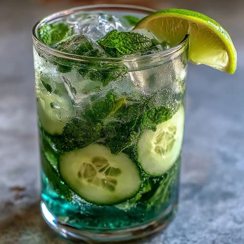 A tall glass filled with sparkling cucumber mint refresher, garnished with lime and fresh mint leaves, offering a crisp, cooling sip.