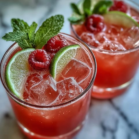 Vibrant cocktail featuring fresh raspberries, lime slices, and mint leaves, perfect for Galentine's Day celebrations or summer sipping.