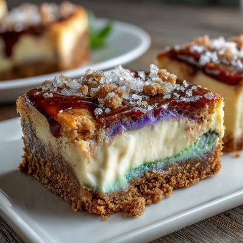 Creamy King Cake Cheesecake Bars featuring marbled colors and festive sanding sugar, a delightful dessert for sharing with friends.  