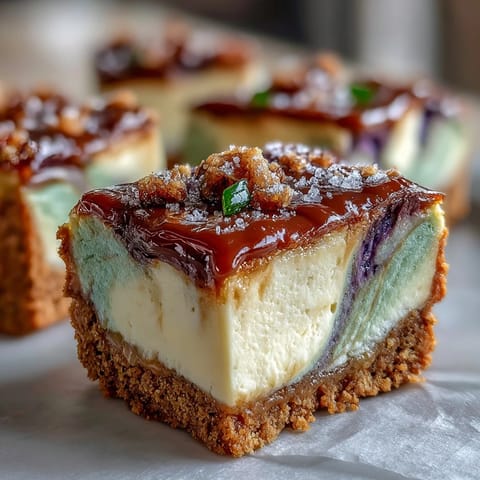 Vibrant King Cake Cheesecake Bars with purple, green, and gold swirls on a buttery cinnamon crust, perfect for Mardi Gras celebrations.  