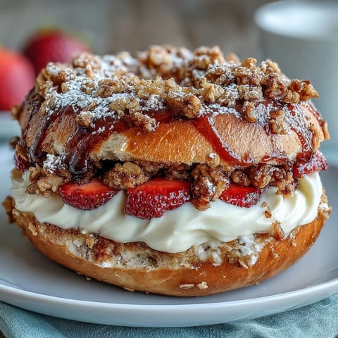 Strawberry cheesecake protein bagels with crumble topping, baked golden and topped with creamy cheesecake filling and fresh strawberries.
