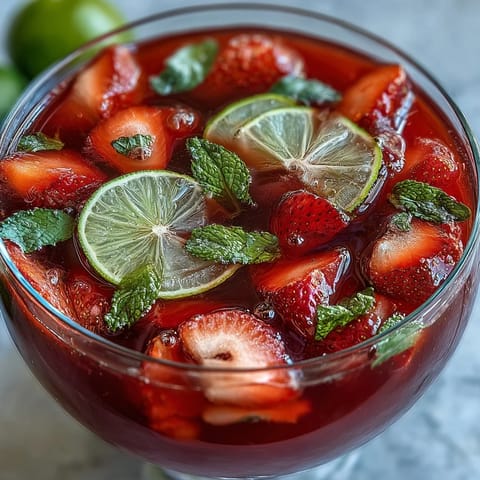 A vibrant punch bowl filled with fresh strawberries, lime slices, and sparkling strawberry daiquiri mix, garnished with mint sprigs.