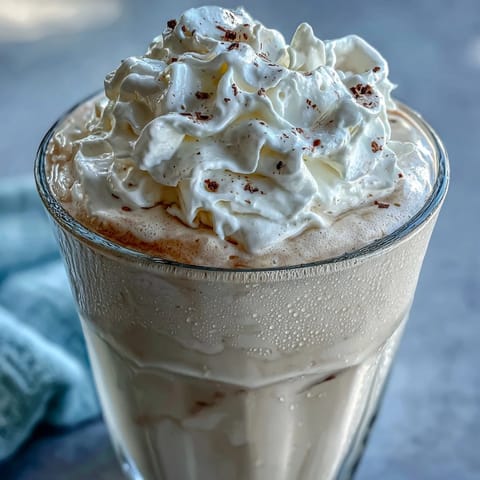 Rich and frosty vanilla bean frappuccino protein shake with Greek yogurt, topped with whipped cream for extra indulgence.  