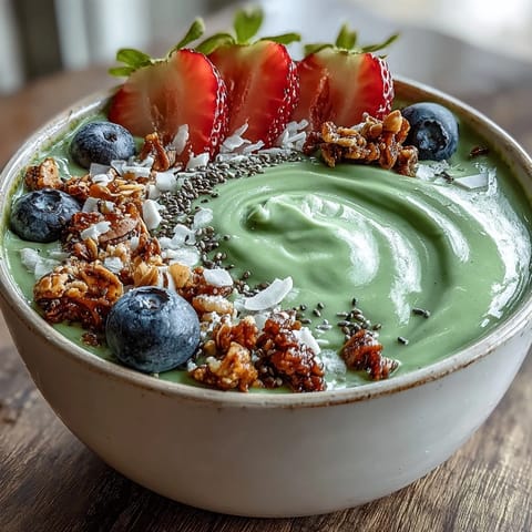 Creamy yogurt matcha latte smoothie bowl topped with fresh berries, granola, and coconut flakes for a nourishing breakfast.