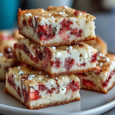 1. Strawberry cookie bars with juicy strawberries and white chocolate chunks, perfect for spring desserts.  