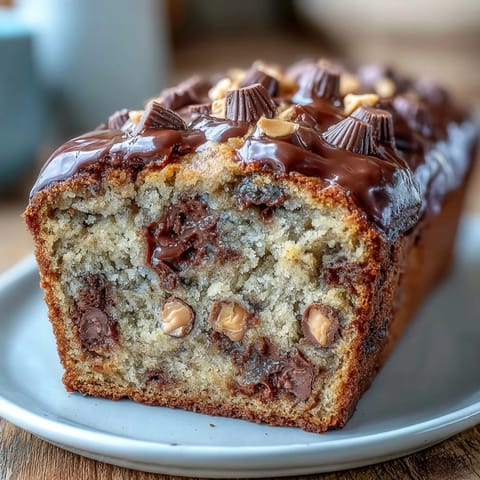 1. Decadent peanut butter cup banana bread loaf with chocolate chips, perfect for a sweet and satisfying dessert.  
