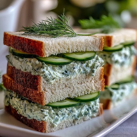 Creamy cucumber and dill Benedictine spread layered between soft white and wheat bread, garnished with fresh cucumber slices.  