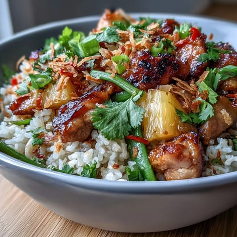Coconut Pineapple Chicken Rice Bowls with tender chicken, sweet pineapple, and fragrant coconut rice, garnished with fresh herbs and toasted coconut.